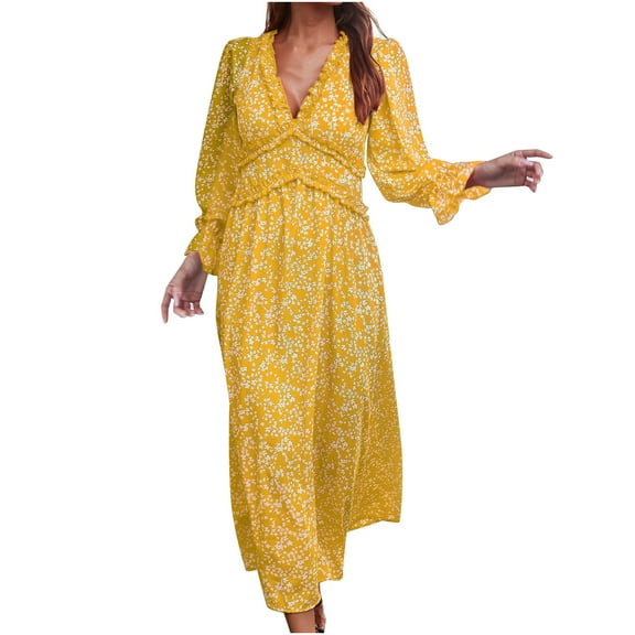 Odeerbi Dresses for Women 2025 Casual Maxi Dresses Erogenous Fashion V-Neck Floral Long Sleeve Flared Sleeve Long Dress Yellow