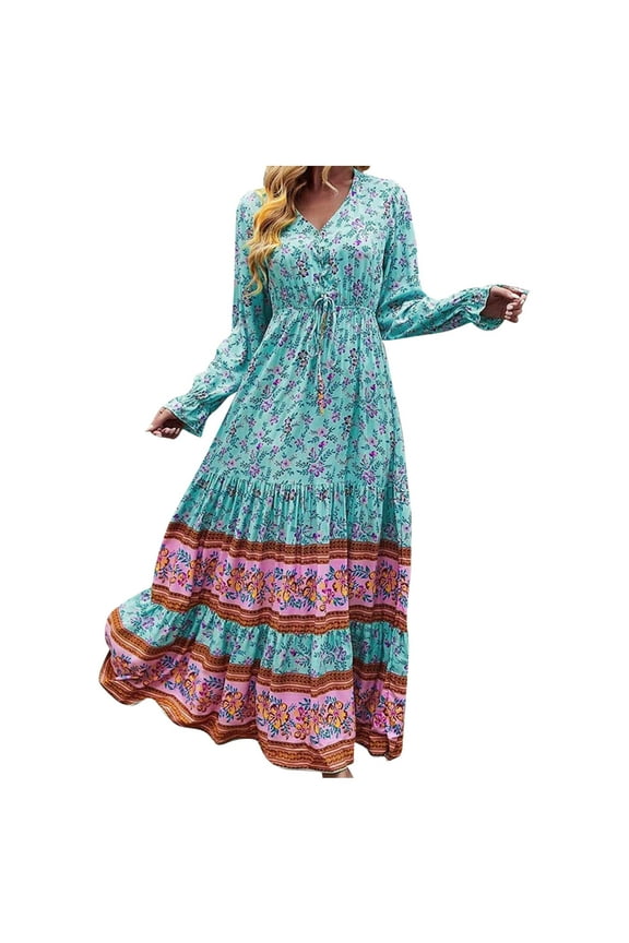 Dresses for Women 2025 Casual Maxi Dresses Fashion Comfortable Winter Floral Print Long Sleeve V-Neck Dress Blue