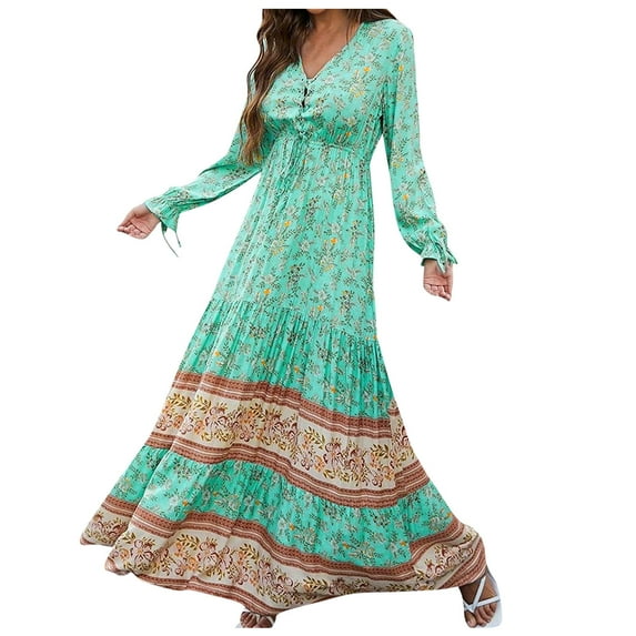 Odeerbi Dresses for Women 2025 Casual Maxi Dresses Fashion Comfortable Winter Floral Print Long Sleeve V-Neck Dress Mint Green