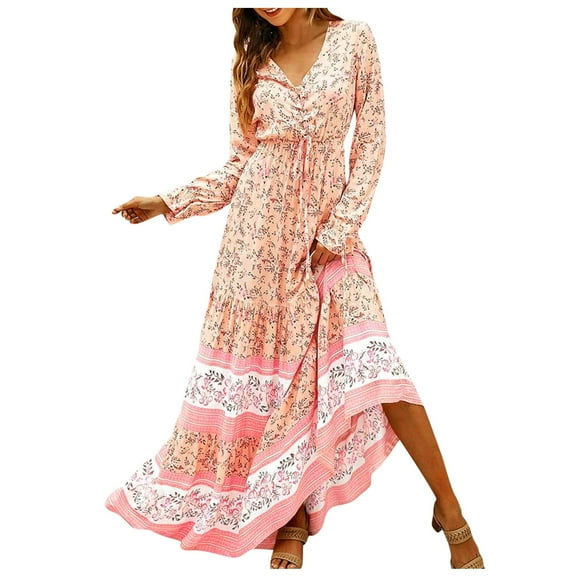 Odeerbi Dresses for Women 2025 Casual Maxi Dresses Fashion Comfortable Winter Floral Print Long Sleeve V-Neck Dress Pink