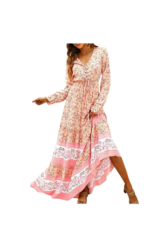 Dresses for Women 2025 Casual Maxi Dresses Fashion Comfortable Winter Floral Print Long Sleeve V-Neck Dress Pink