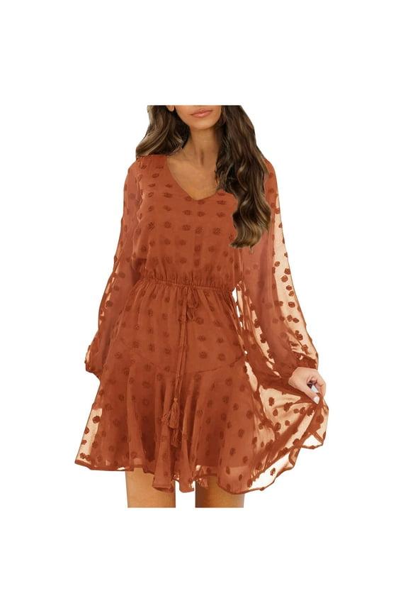 Dresses for Women 2025 Casual Maxi Dresses Fashion Leisure Comfortable Elastic Waist Solid V-Neck Long Sleeves Dress Orange
