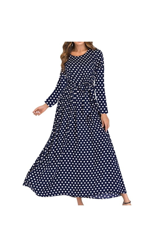 Dresses for Women Casual Maxi Dresses Fashion Round Neck Long Sleeve Beach Polka Dot Bage Long Dress Dark Blue