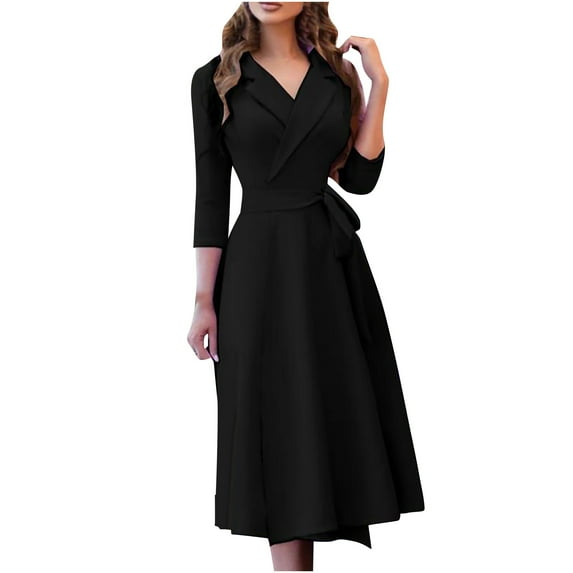 Odeerbi Dresses for Women Casual Maxi Dresses Lapel Printing Three Quarter Sleeves High Waist Lacing Bow Belt Dress Black