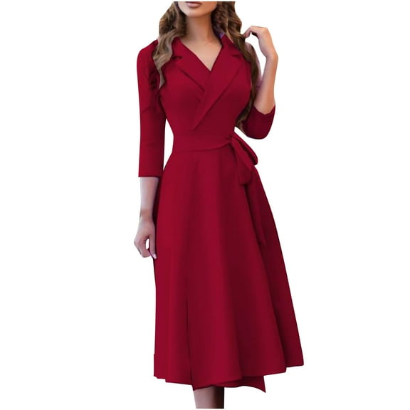 Odeerbi Dresses for Women 2025 Casual Maxi Dresses Lapel Printing Three Quarter Sleeves High Waist Lacing Bow Belt Dress Wine