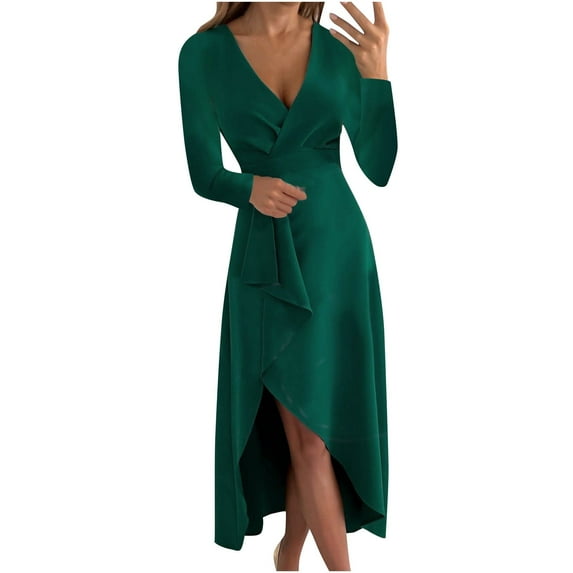 Odeerbi Dresses for Women 2025 Fall Dresses Fashion Erogenous Casual Buttocks V-Neck Solid Slimming Long Leeve Dress Green