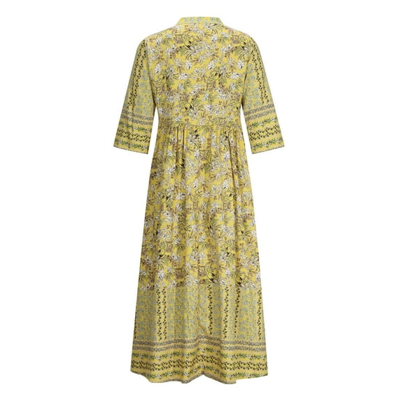 Odeerbi Dresses for Women 2025 Fashion Bohemian V-neck Loose Half Sleeve Print Ankle-length Dress Yellow