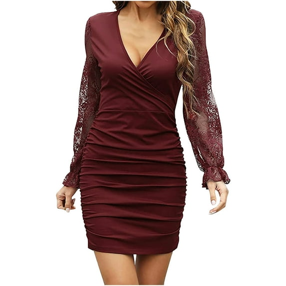 Odeerbi Dresses for Women 2025 Fashion Casual Lace Solid Color Long Sleeve Erogenous Dress Blue