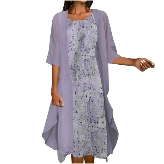 Odeerbi Dresses for Women 2025 Maxi Dress Boho Dress Half Sleeve Smock + Dress Two Piece Set Knee Length Beach Dress Purple