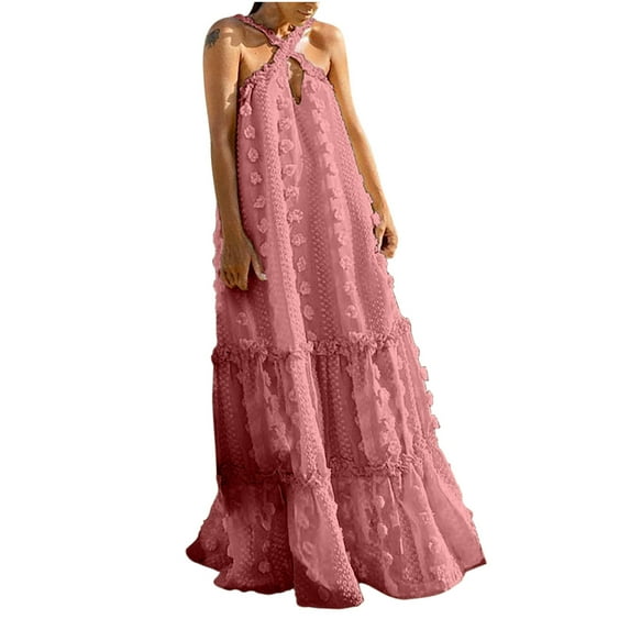 Odeerbi Dresses for Women Maxi Dress Fashion Bohemian V-Neck Loose Sleeveless Solid Mid-calf Dress Hot Pink