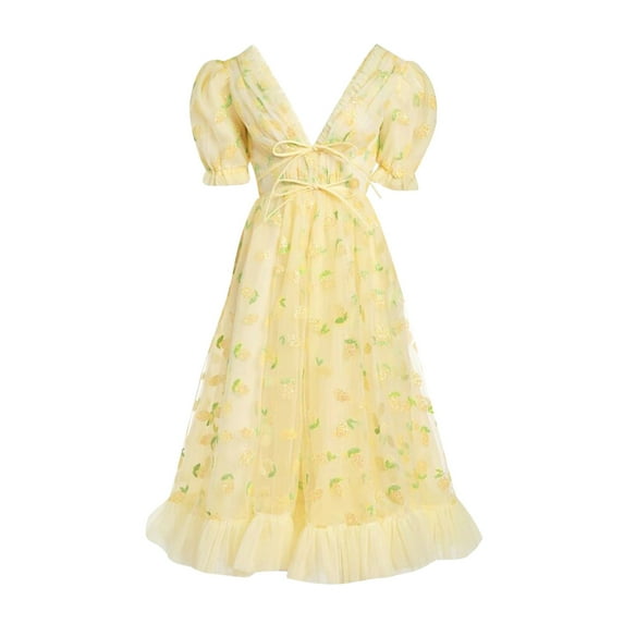 Odeerbi Dresses for Women 2025 Wedding Guest Dresses Fashion Casual Puff Short Sleeve V-Neck Printed Lace Ladies Long Dress Blue