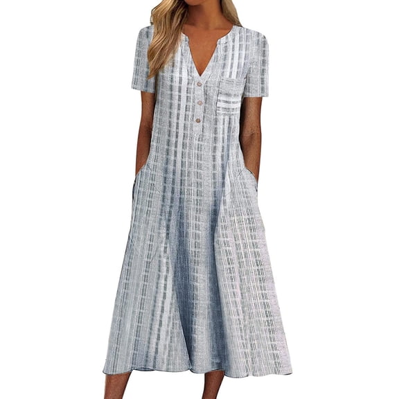 Odeerbi Dresses for Women Maxi Dress 2025 Casual Stripe Printed Button-Down V-Neck Short Sleeve With Pocket Long Dress Gray
