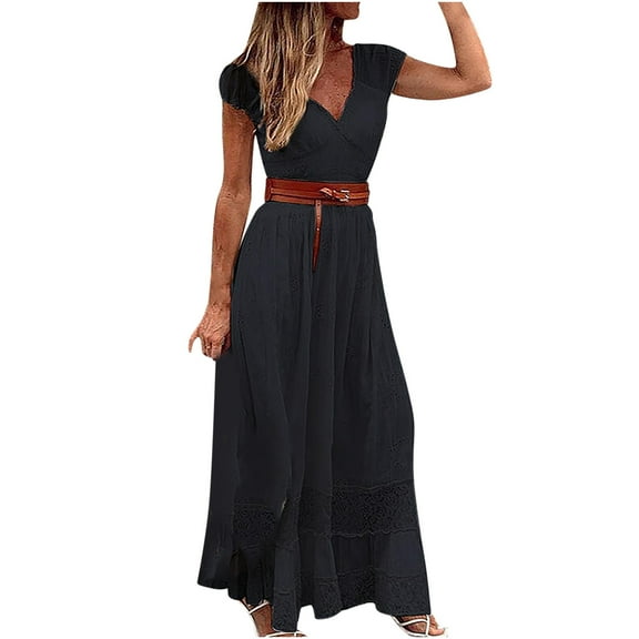 Odeerbi Dresses for Women Maxi Dress Boho Dress 2025 Fashion V-Neck Loose Short Sleeve Solid Ankle-Length Dress+Belt Black