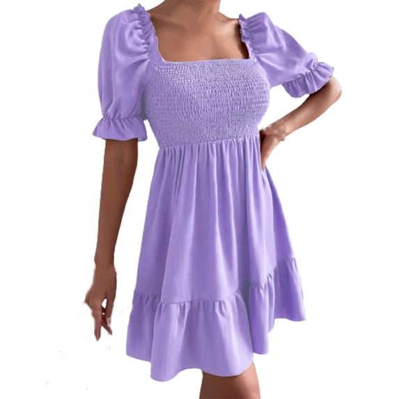 Odeerbi Elegant Evening Dresses for Women 2024 Solid Spring And Summer Short Sleeve Belt Waist Ruffle Sleeve Square Neck Dress Purple