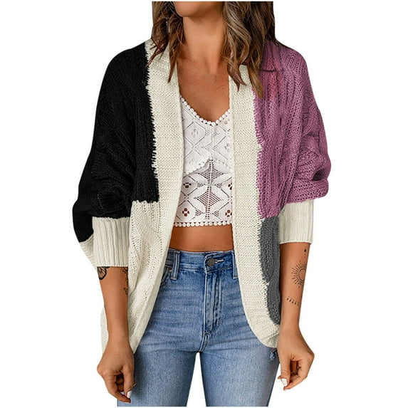 Odeerbi Fall Winter Color Block Cardigan Sweaters For Women Fashion Long Sleeve Sweater Jacket Tops Black