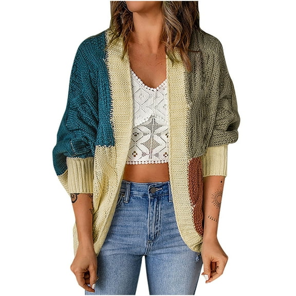 Odeerbi Fall Winter Color Block Cardigan Sweaters For Women 2025 Fashion Long Sleeve Sweater Jacket Tops Blue