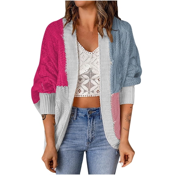 Odeerbi Fall Winter Color Block Cardigan Sweaters For Women 2025 Fashion Long Sleeve Sweater Jacket Tops Hot Pink