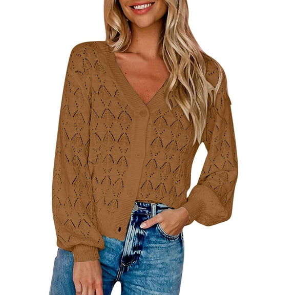 Odeerbi Fall Winter Crochet Knit Shrug Sweater For Women V Neck Cropped Cardigan Sweater Open Front Short Shawl Sweater 2025 Long Sleeved Button Top Khaki