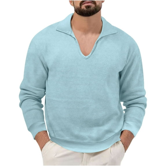 Odeerbi Fall Winter Knit Sweaters For Men Solid Color V Neck Sweater Stand Collar Elastic Pullover Sweater Sky Blue