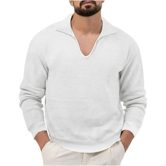 Odeerbi Fall Winter Knit Sweaters For Men Solid Color V Neck Sweater Stand Collar Elastic Pullover Sweater White