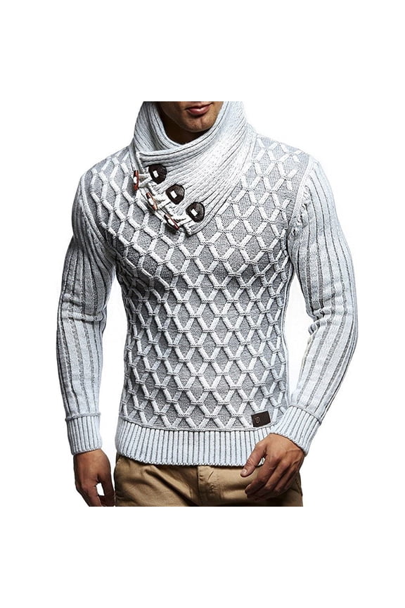 Fall Winter Knit Turtleneck Sweater For Men Solid Color Cowl Neck Sweater Shawl Collar Pullover Sweater Casual Slim Button Textured Sweaters White