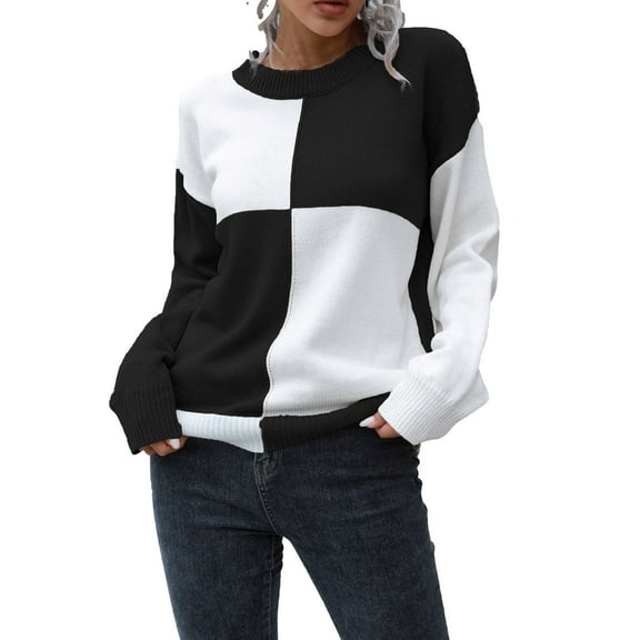 Odeerbi Fall Winter Loose Checkered Knit Sweaters For Women Checkerboard Plaid Sweater 2025 Long Sleeve European American Sweaters Black