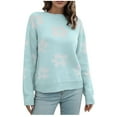 thumbnail image 1 of Odeerbi Fall Winter Loose Knit Sweaters For Women Flowers Print Sweater Round Neck 2025 Long Sleeve Blouse Light Blue, 1 of 7