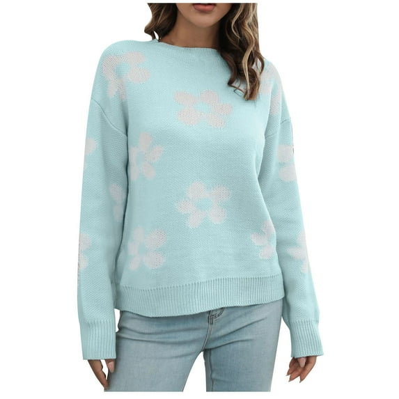 Odeerbi Fall Winter Loose Knit Sweaters For Women Flowers Print Sweater Round Neck 2025 Long Sleeve Blouse Light Blue