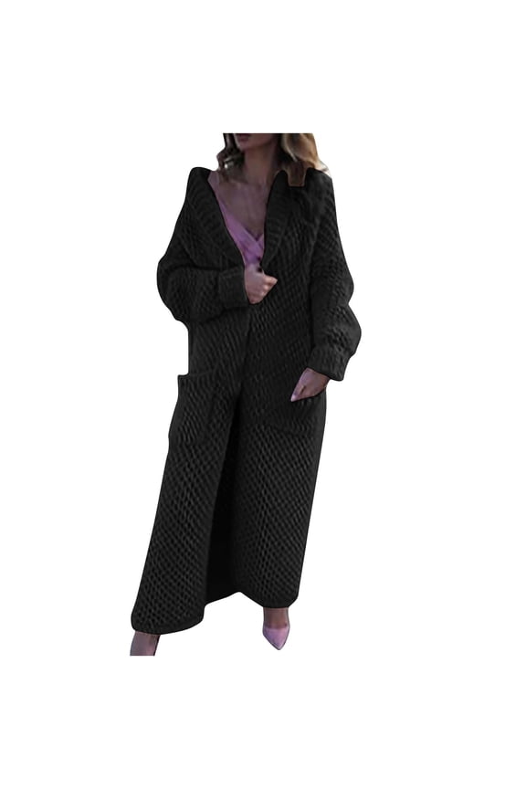 Fall Winter Solid Color Knit Cardigan Sweaters For Women Long Sleeved Sweater Jacket with Pocket Black