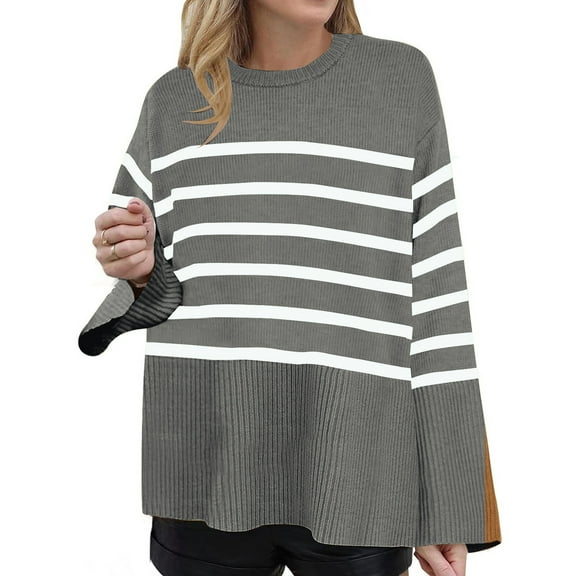 Odeerbi Fall Winter Striped Cotton Sweater For Women 2025 Long Sleeve Crew Neck Side Slit Oversized Pullover Sweater Gray