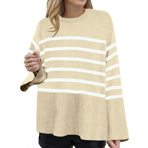 Odeerbi Fall Winter Striped Cotton Sweater For Women 2025 Long Sleeve Crew Neck Side Slit Oversized Pullover Sweater Khaki