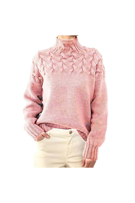 Fall Winter Turtleneck Sweater For Women New Fashion Cable Weaving Long Sleeve High Neck Sweater Pink