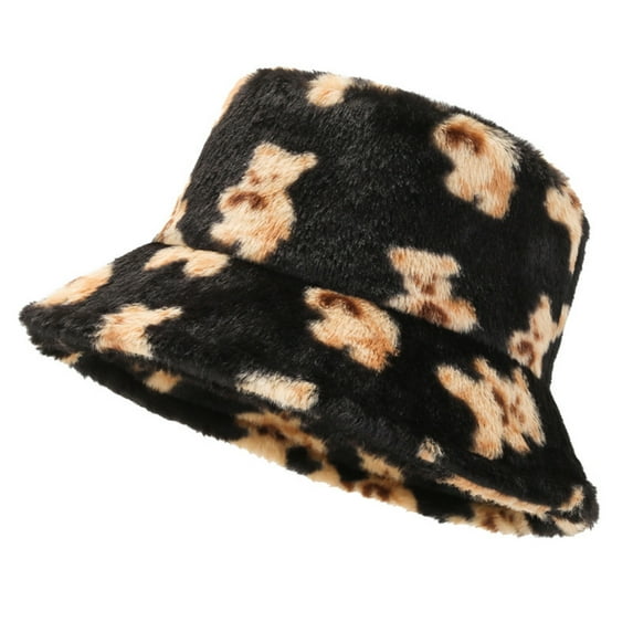 Odeerbi Faux Furry Bucket Hats for Women 2025 Winter Warm Solid Color Plush Cute Caps Fishing Hat Black