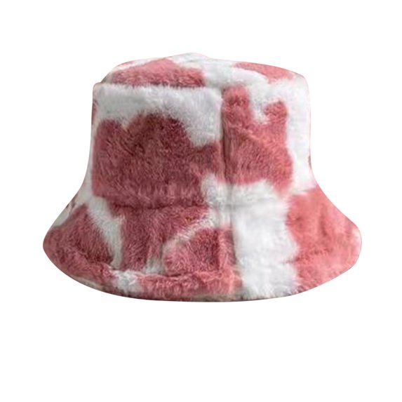 Odeerbi Faux Furry Bucket Hats for Women Autumn Winter Fisherman's Hat Lamb Plush Hat Ear Protection Cute Cow Pattern Hat Pink