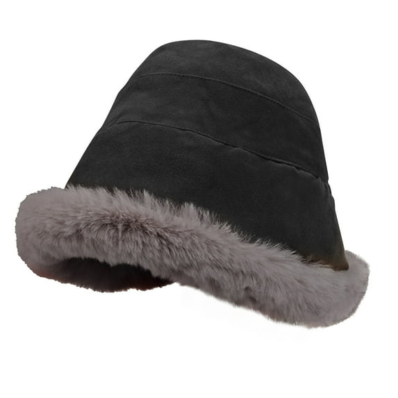 Odeerbi Faux Furry Bucket Hats for Women Winter Warm Solid Color Plush Cute Caps Fishing Hat Black