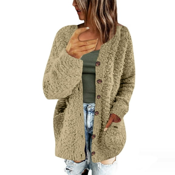 Odeerbi Faux Furry Cardigan Sweaters For Women Fall Winter Plus Size Sweater 2025 Casual Plush Sweater Outerwear Buttons Coat with Pockets Beige