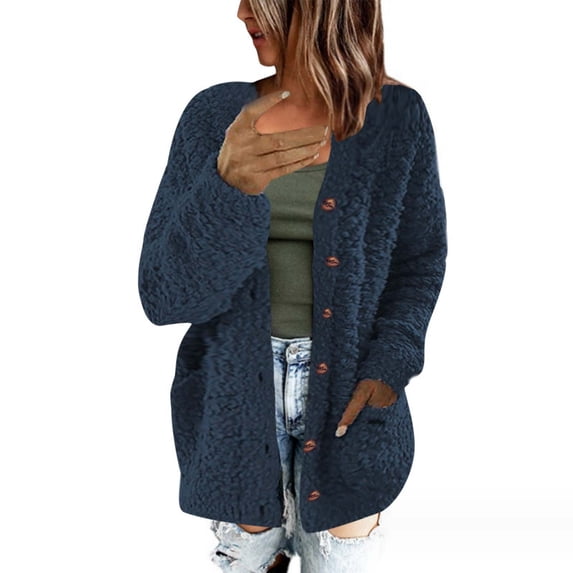 Odeerbi Faux Furry Cardigan Sweaters For Women Fall Winter Plus Size Sweater 2025 Casual Plush Sweater Outerwear Buttons Coat with Pockets Navy