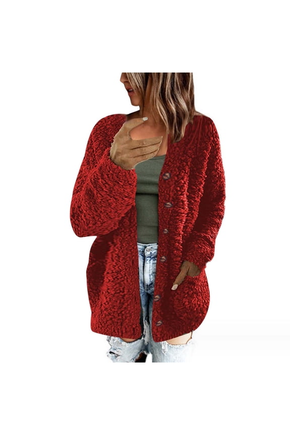 Faux Furry Cardigan Sweaters For Women Fall Winter Plus Size Sweater Casual Plush Sweater Outerwear Buttons Coat with Pockets Red