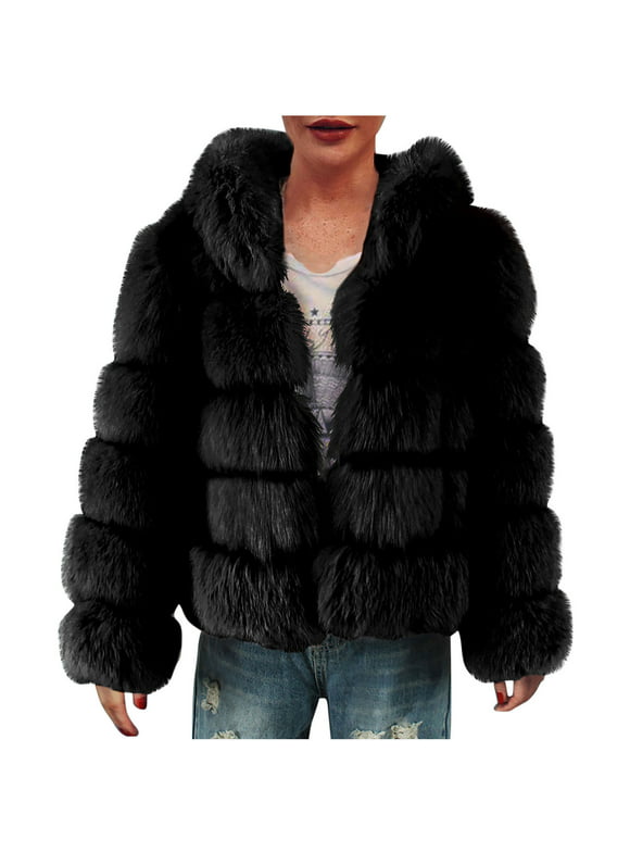 Odeerbi Faux Furry Coat for Women 2024 Warm Jacket Winter Solid V-neck Outerwear Black