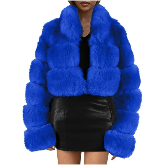 Odeerbi Faux Furry Coat for Women 2025 Warm Jacket Winter Solid V-neck Outerwear Blue
