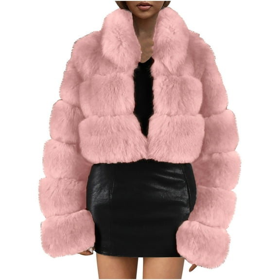 Odeerbi Faux Furry Coat for Women 2025 Warm Jacket Winter Solid V-neck Outerwear Pink