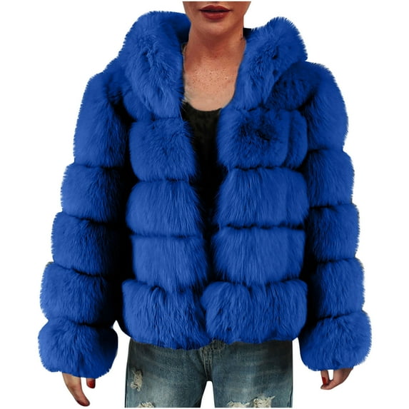 Odeerbi Faux Furry Coat for Women 2025 Warm Jacket Winter Solid V-neck Outerwear Blue