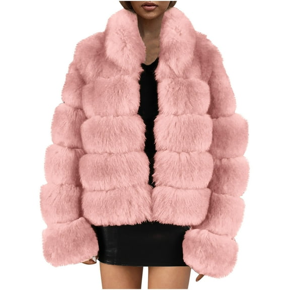 Odeerbi Faux Furry Coat for Women 2025 Warm Jacket Winter Solid V-neck Outerwear Hot Pink