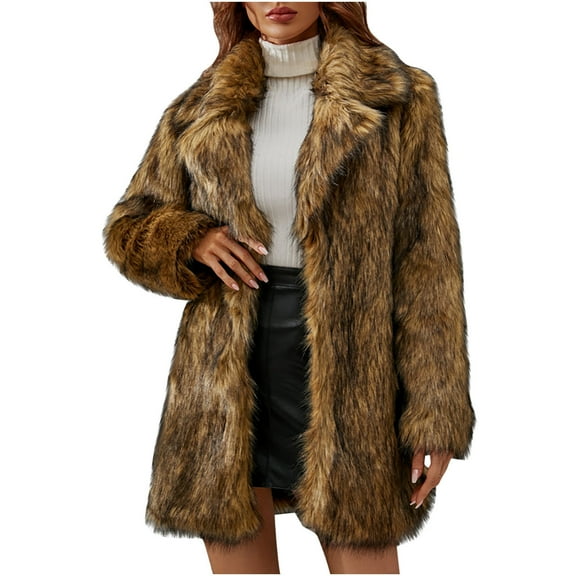 Odeerbi Faux Furry Coat for Women 2025 Warm Jacket Winter Turn Down Collar Outerwear Brown