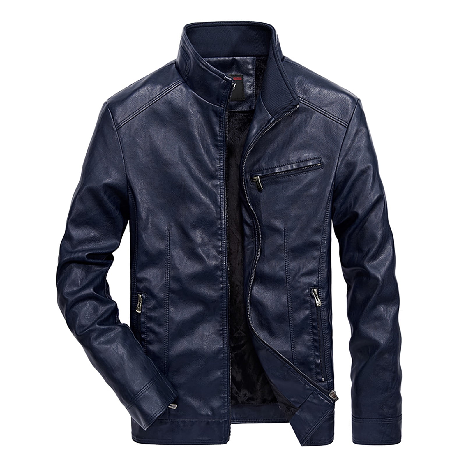 Odeerbi Faux Leather Outwear Jackets for Men Autumn And Winter Casual Baseball Uniform Leather Jacket Leather Jacket Dark Blue