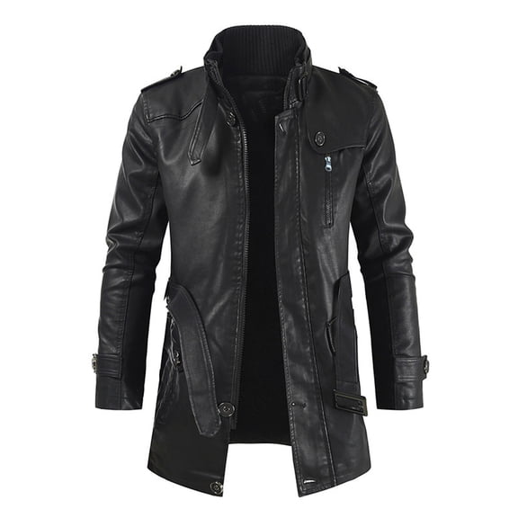 Odeerbi Faux Leather Outwear Jackets for Men Mid-length Solid Artificial Leather Stand Collar Slim Jacket Coats Black