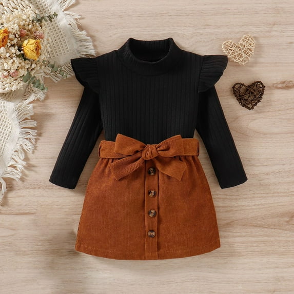 Odeerbi Girls A-line Dress Turtleneck Top Set Toddler Girls Clothes High Neck Knitted Corduroy A-line Skirt Two-piece Suit European And American Style Fall And Winter Skirt Black 3-4 Years