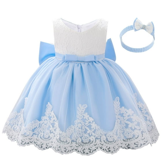Odeerbi Girls Birthday Dress with Headband Set Toddler Girls Clothes Party Tulle Tutu Dress Net Yarn Embroidery Rhinestone Bowknot Gown Long Dresses Headband Suit Blue 3-4 Years