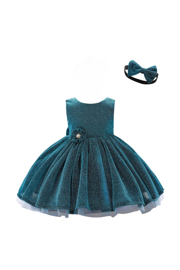 Girls Birthday Party Dresseses Toddler Net Yarn Embroidery Rhinestone Bowknot Sequins Gown Long Dresses Headband Suit Blue