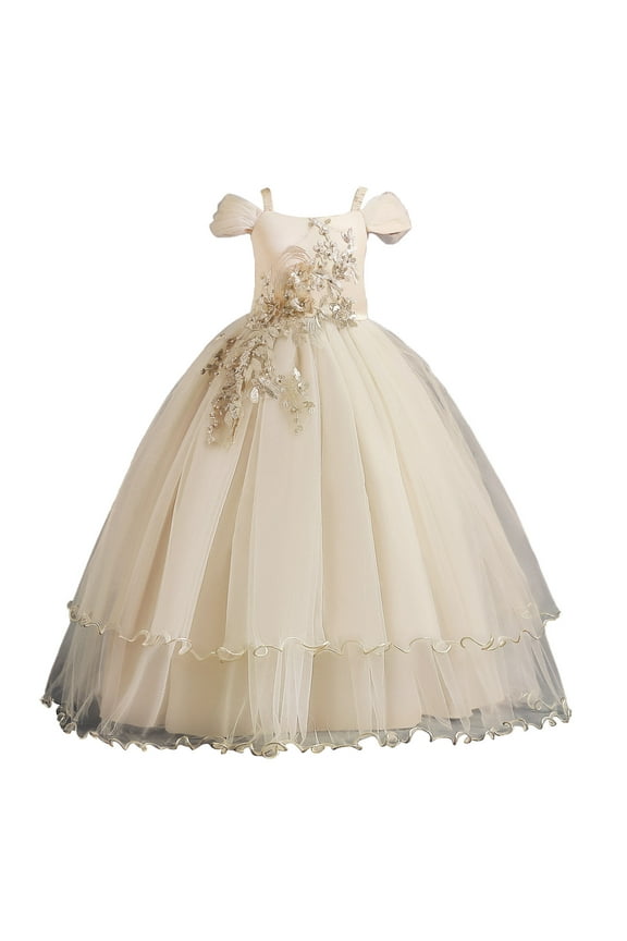 Girls Birthday Party Dresseseses Toddler Net Yarn Embroidery Flowers Mesh Bowknot Gown Long Dresses Navy